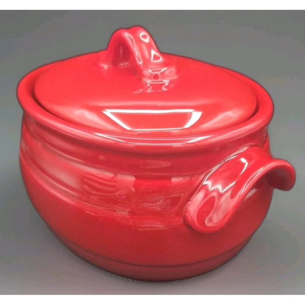 Celebrating Home Stoneware Collection Bean Pot Red Casserole Dish Covered Lid